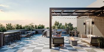 a rendering of a patio with tables and chairs and a bar